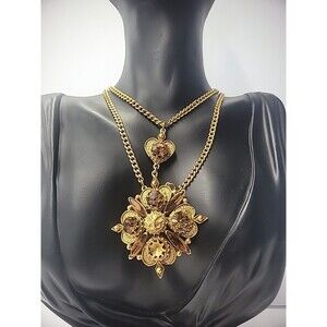 Vintage Florenza Quatrefoil Necklace Double Strand Gold Tone Heart Crystals FLAW